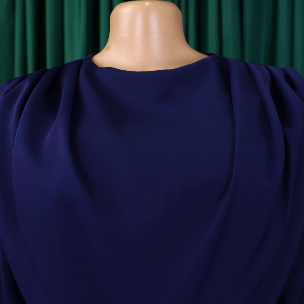 Plus Size African Women Chic Elegant Pleated Career Solid Dress 47