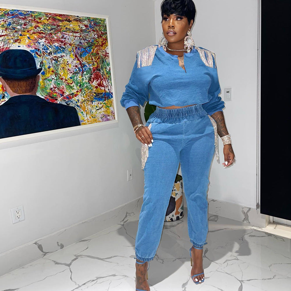 Women V-Neck Tassel Top and Pant Two-Piece Set