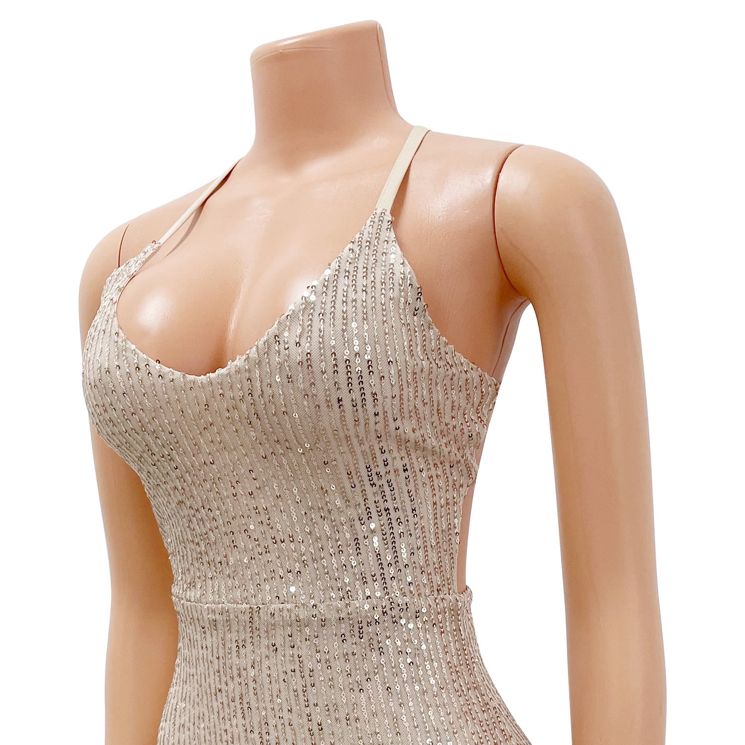 Women Fashion Sexy Low Back Lace-Up Sequin Slit Evening Dress 7