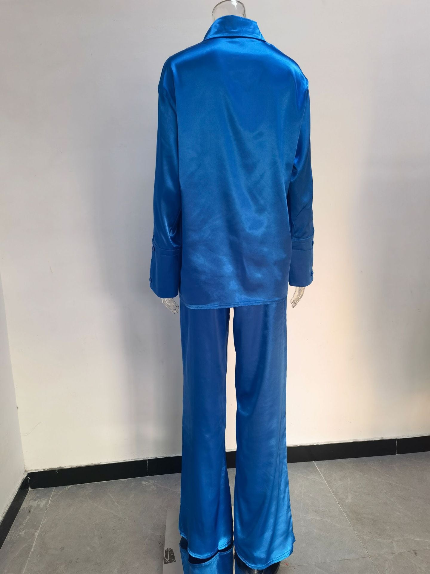 Solid Color Satin Long Sleeve Casual Two Piece Pants Set Trendy Lounge Wear 28