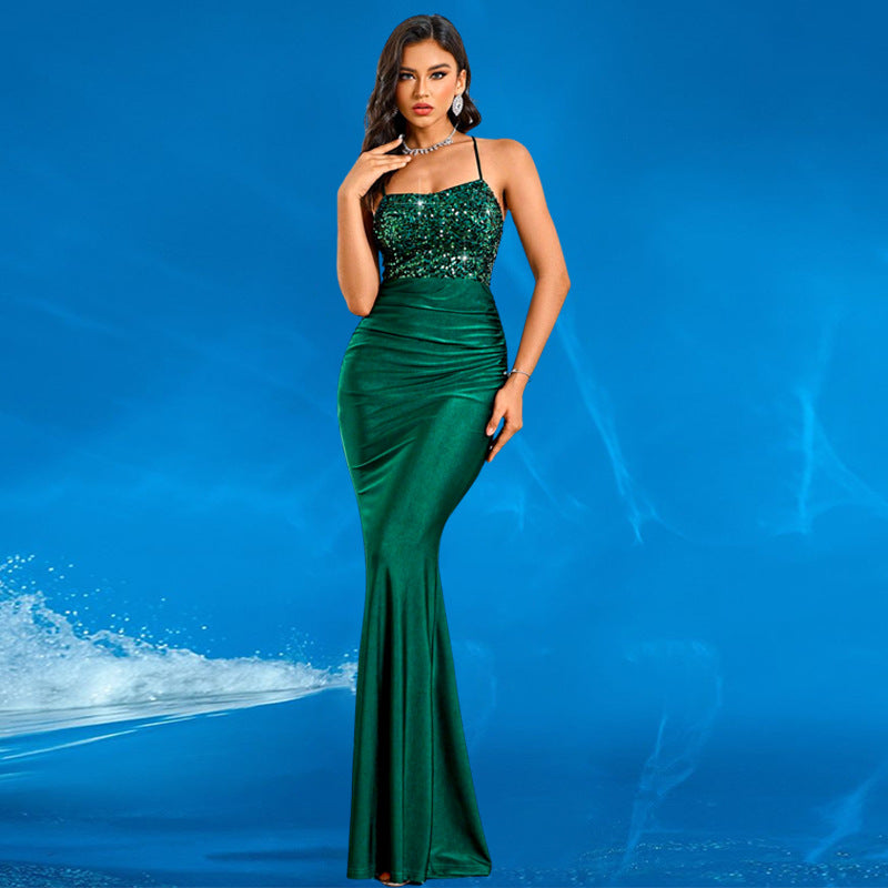 Women Solid Strapless Off-Shoulder Sequined Backless Lace-Up Fishtail Evening Dress 6
