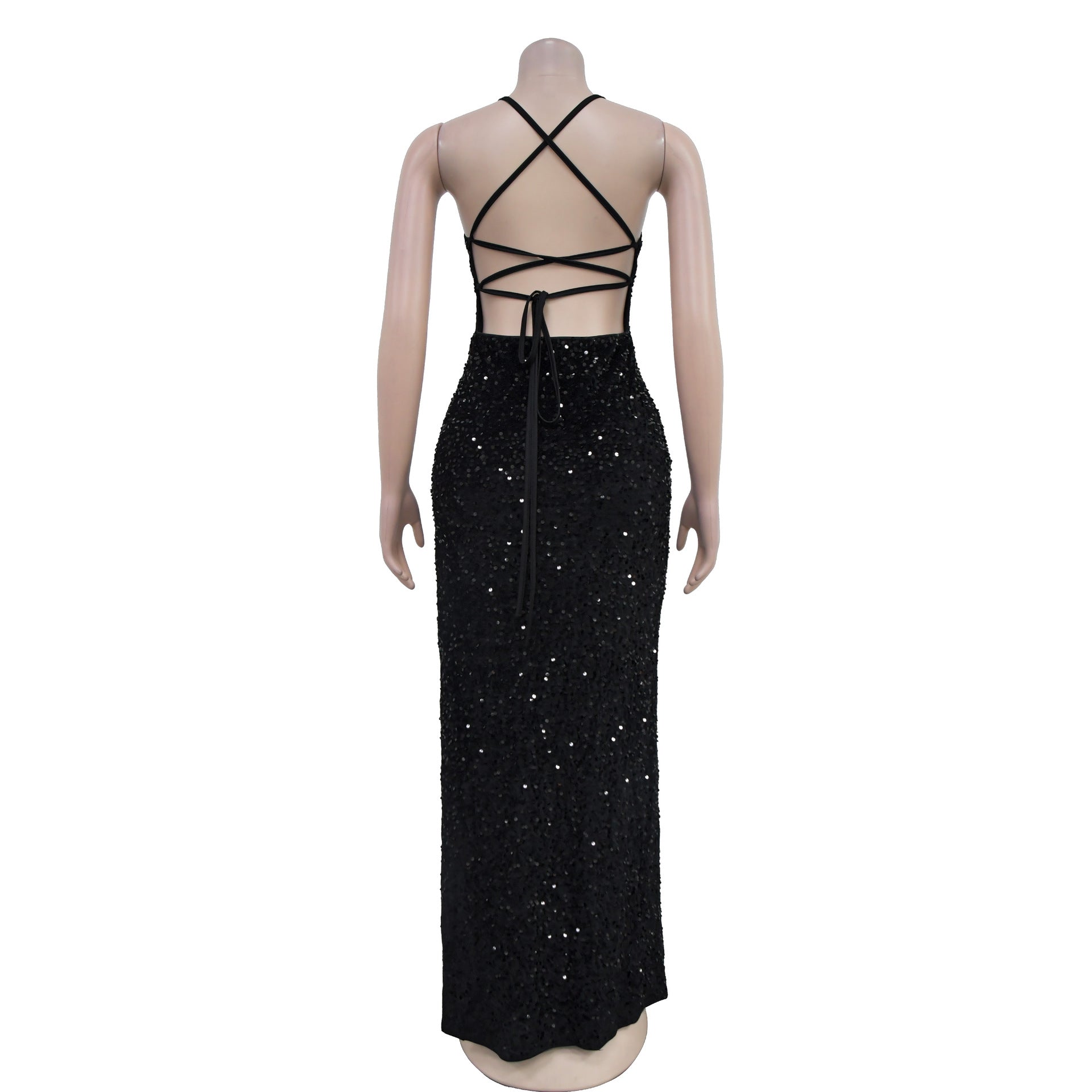 Women's Fashion Sequin Strap Backless Slit Evening Dress 12