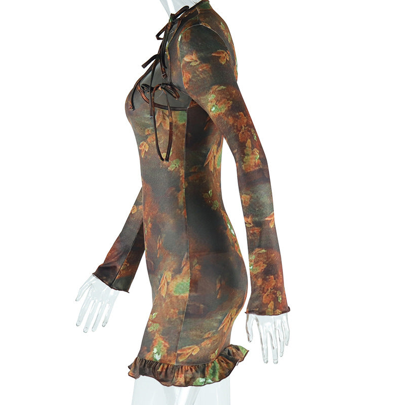 Fashion Printed Retro Long Sleeve Round Neck Hollow Lace-Up Bodycon Women's Dress 6