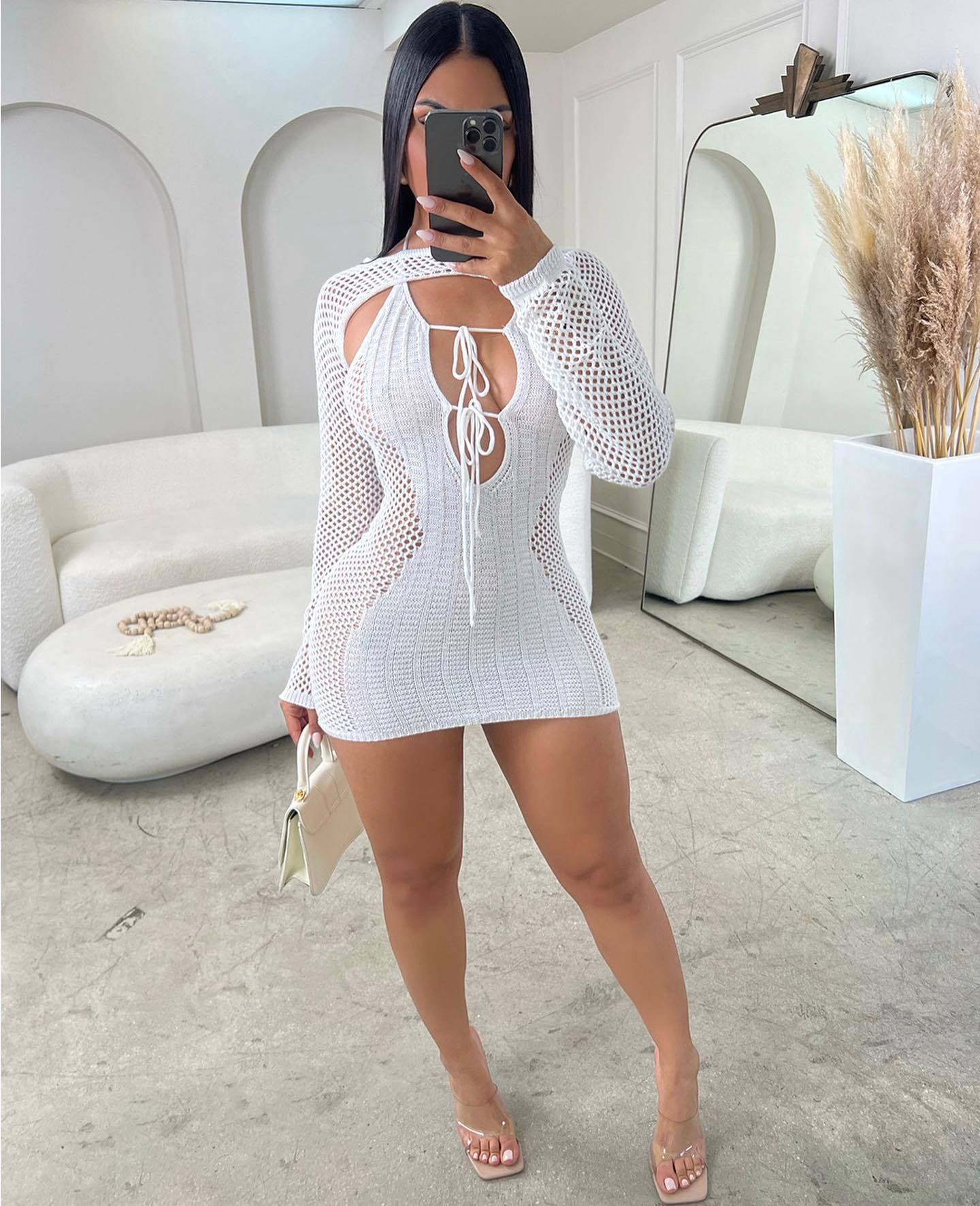 Women's Sexy Hollow Knitted Round Neck Long Sleeve Top Halter Neck Back Hollow Jumpsuit Two-Piece Set 6