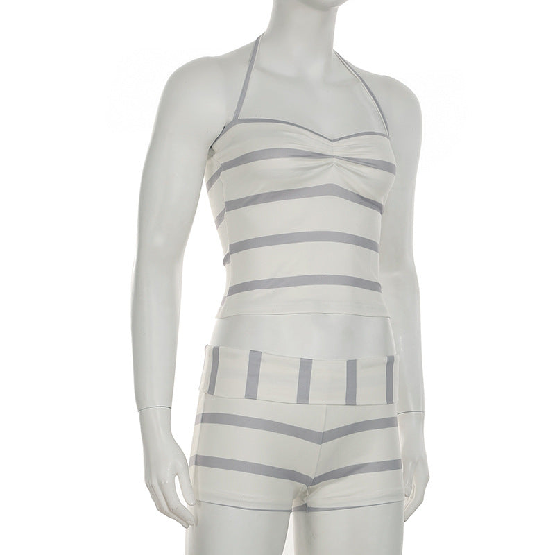 Women Casual Holidays Printed Striped Contrast Halter Neck Strap Top and Shorts Two-Piece Set 6