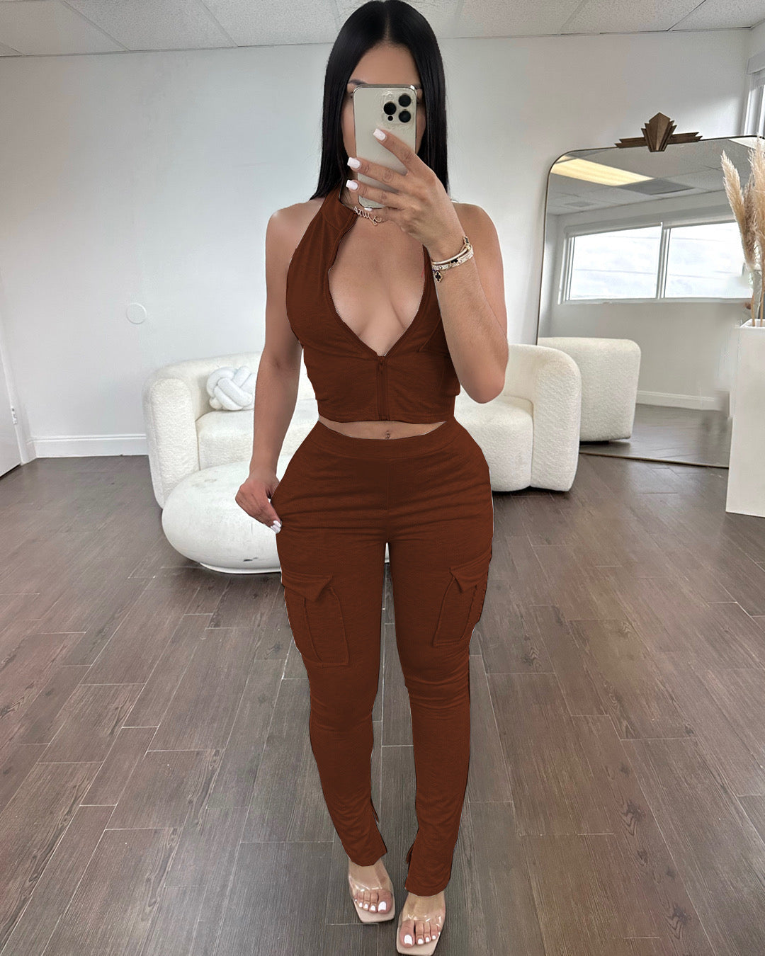 Women's Casual Sports Tight Fitting Zipper Top Butt Lift Pants Two Piece Set 9