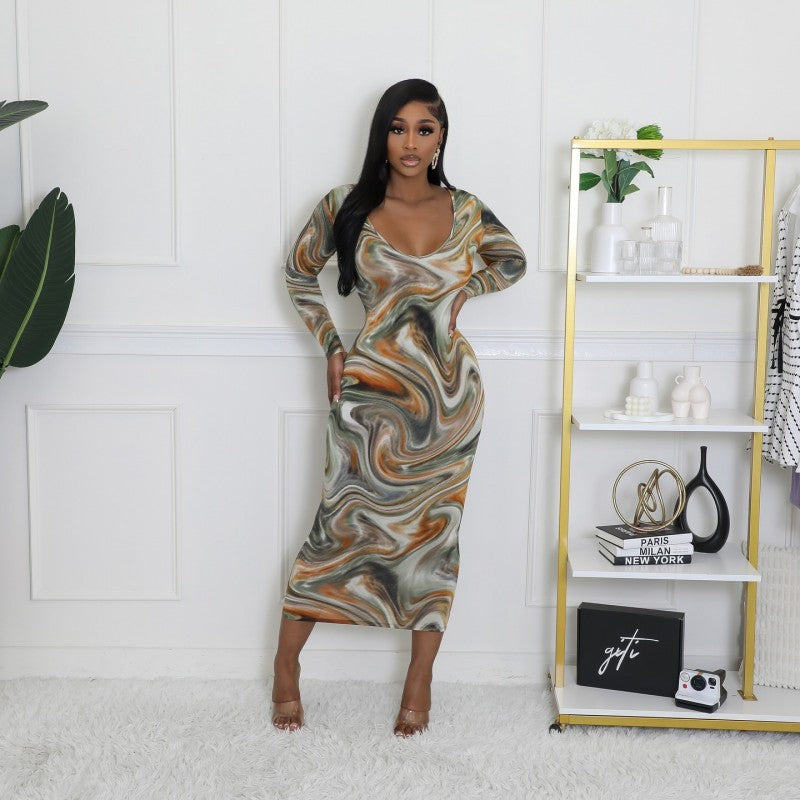 Spring Sexy U-Neck Fashion Print Long Sleeve High Waist Slim Dress