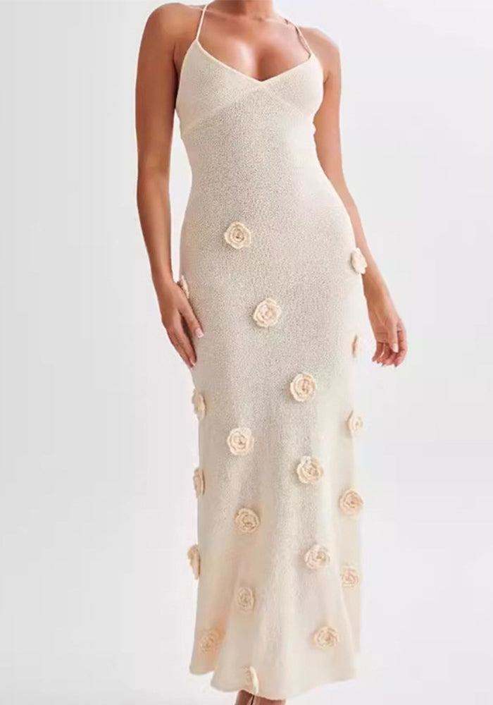 Women's Strap Low Back Flower Knitting Sexy Long Dress