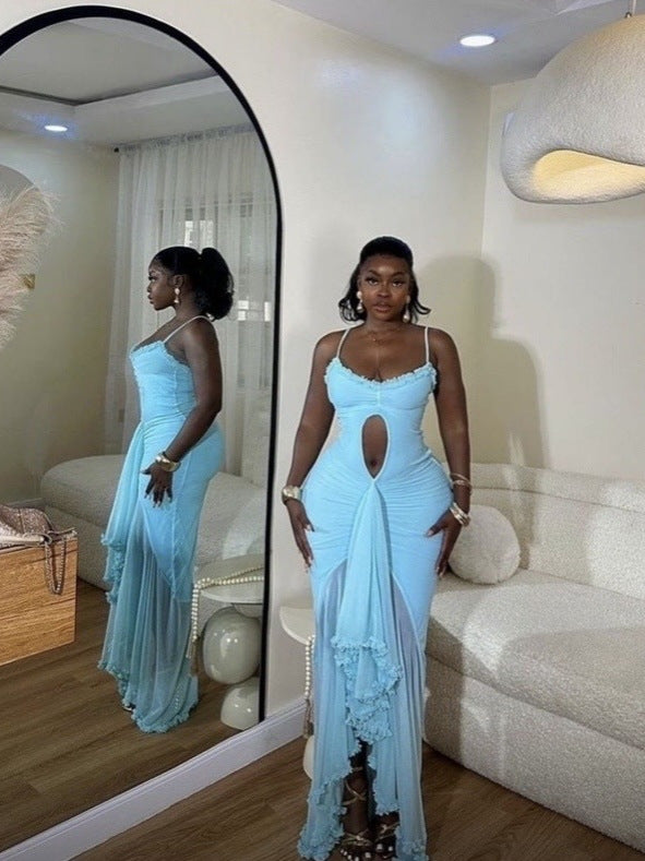 Women French elegant sling hollow ruffle irregular Maxi Dress 5