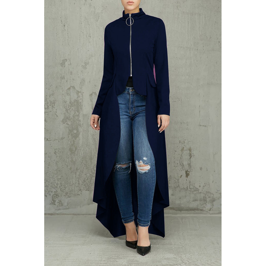 Spring Long-Sleeved High-Neck Slim Zipper Irregular Long Dress 51