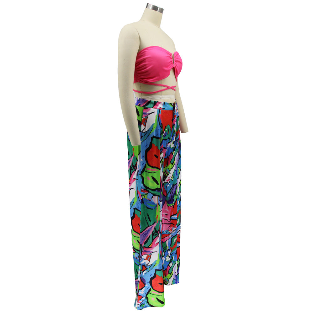 Women V-neck tube top and printed wide-leg trousers fashion casual women's suit two piece set 7