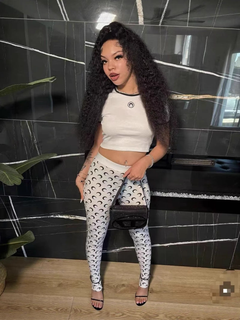 Women Trendy Printed Stretchy Basic Top and Long Pants Two-Piece Set 10