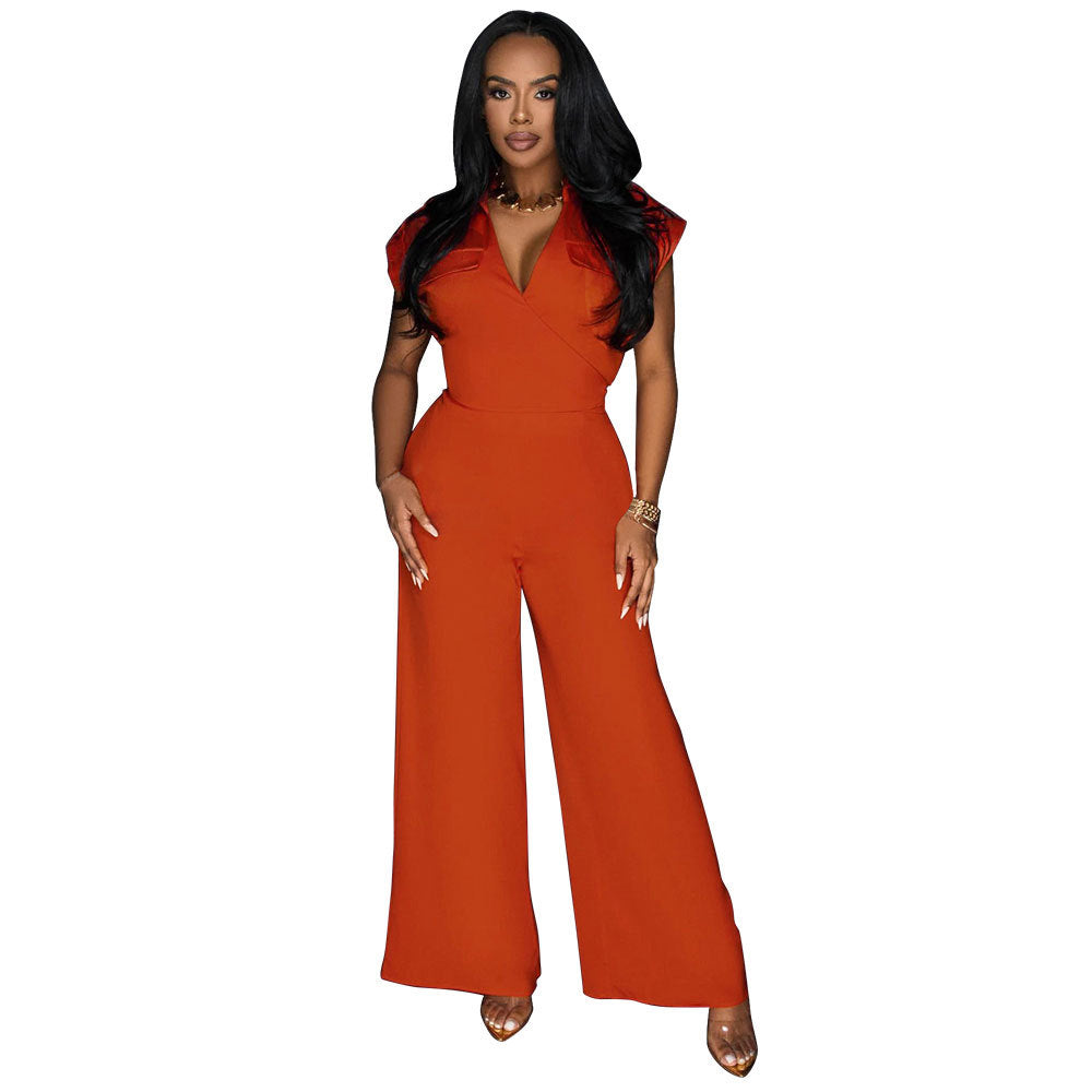 Fashionable Women's Solid Color Sleeveless V-Neck Wide Leg Jumpsuit 7