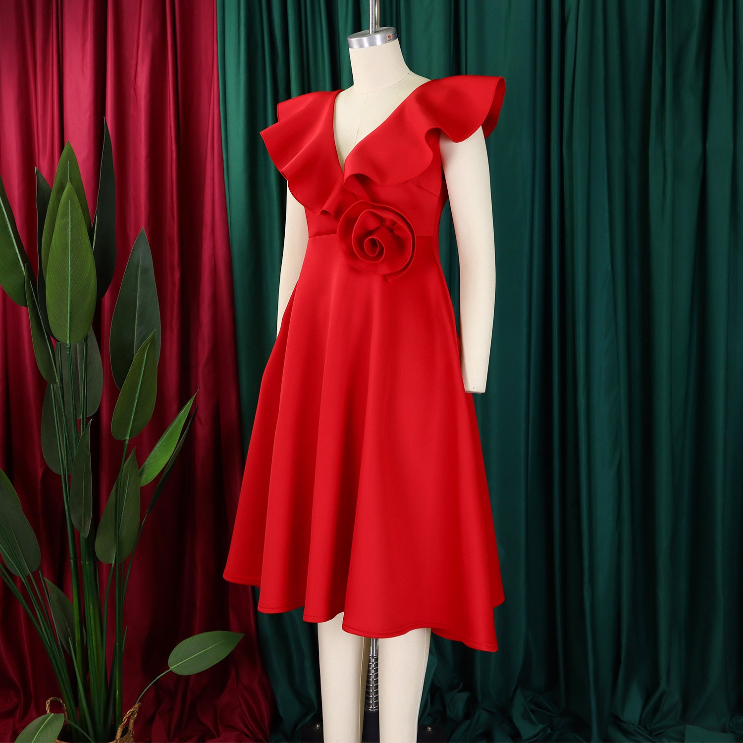 V Neck Floral Ruffle A-line Dress for Women Formal Party Gown 17