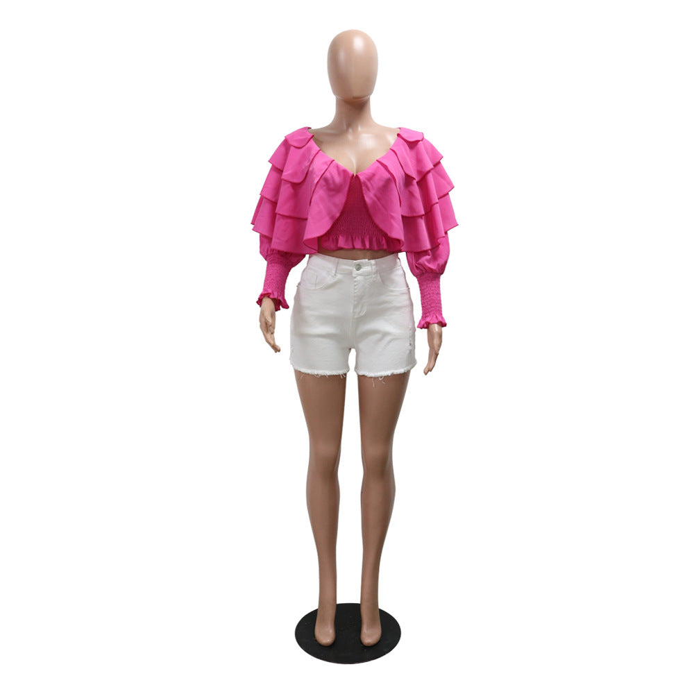 Fashion Sexy Solid Color  V-Neck Long Sleeve Ruffled Layer Top 10