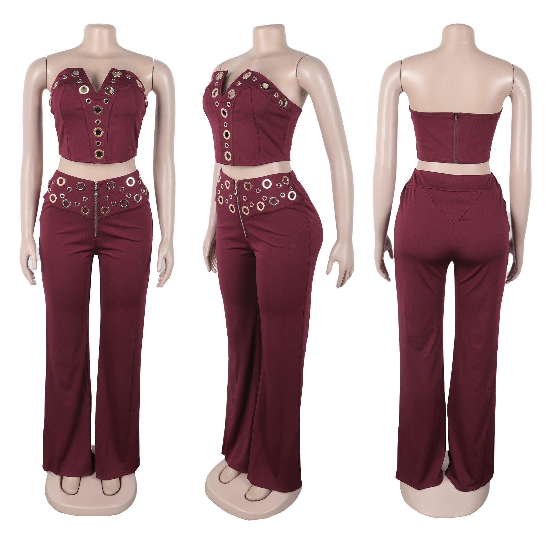 Women elegant elastic metal buckle decorated V-neck Top and Pants two-piece set 23