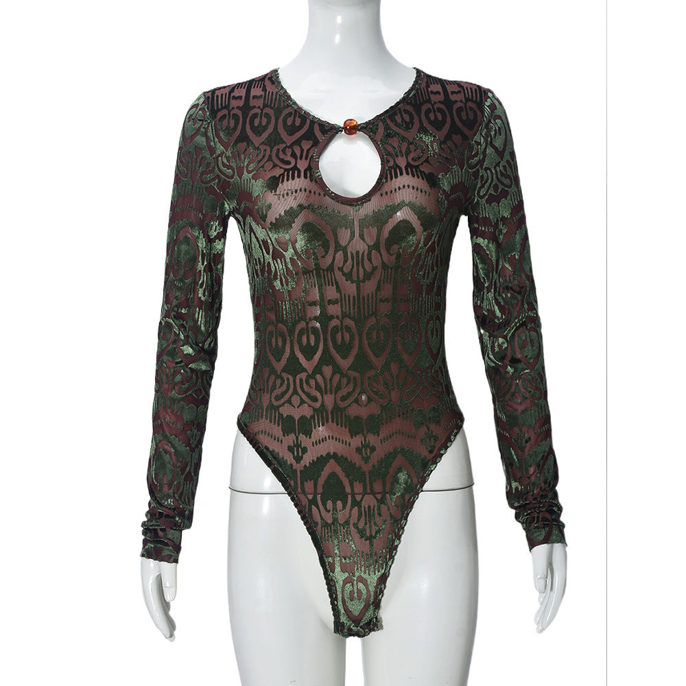 Women's Sexy Autumn Slim-Fitting Flocked Round Neck Long Sleeve Stretch Bodysuit 7