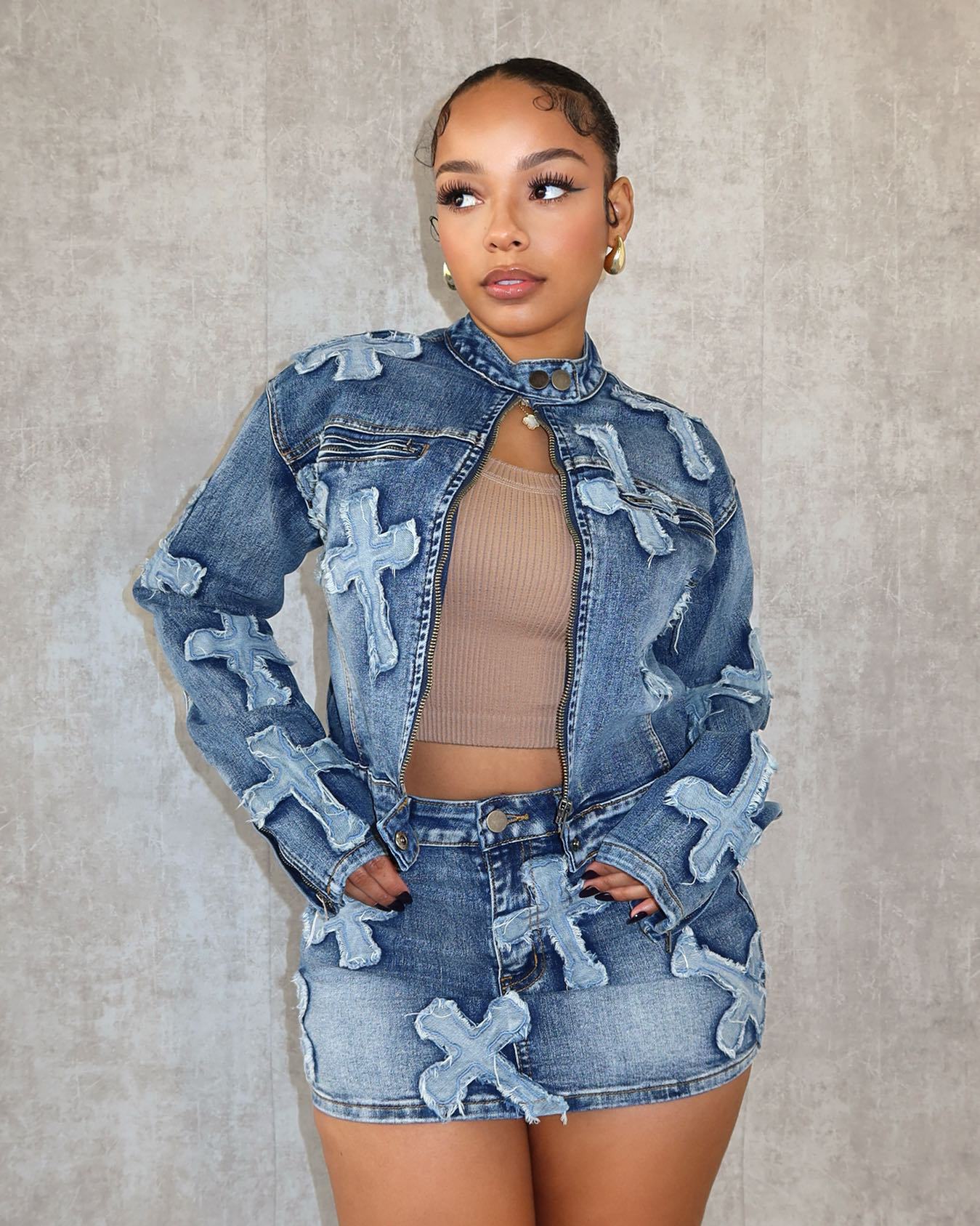 Spring Embroidered Denim Jacket Skirt Suit