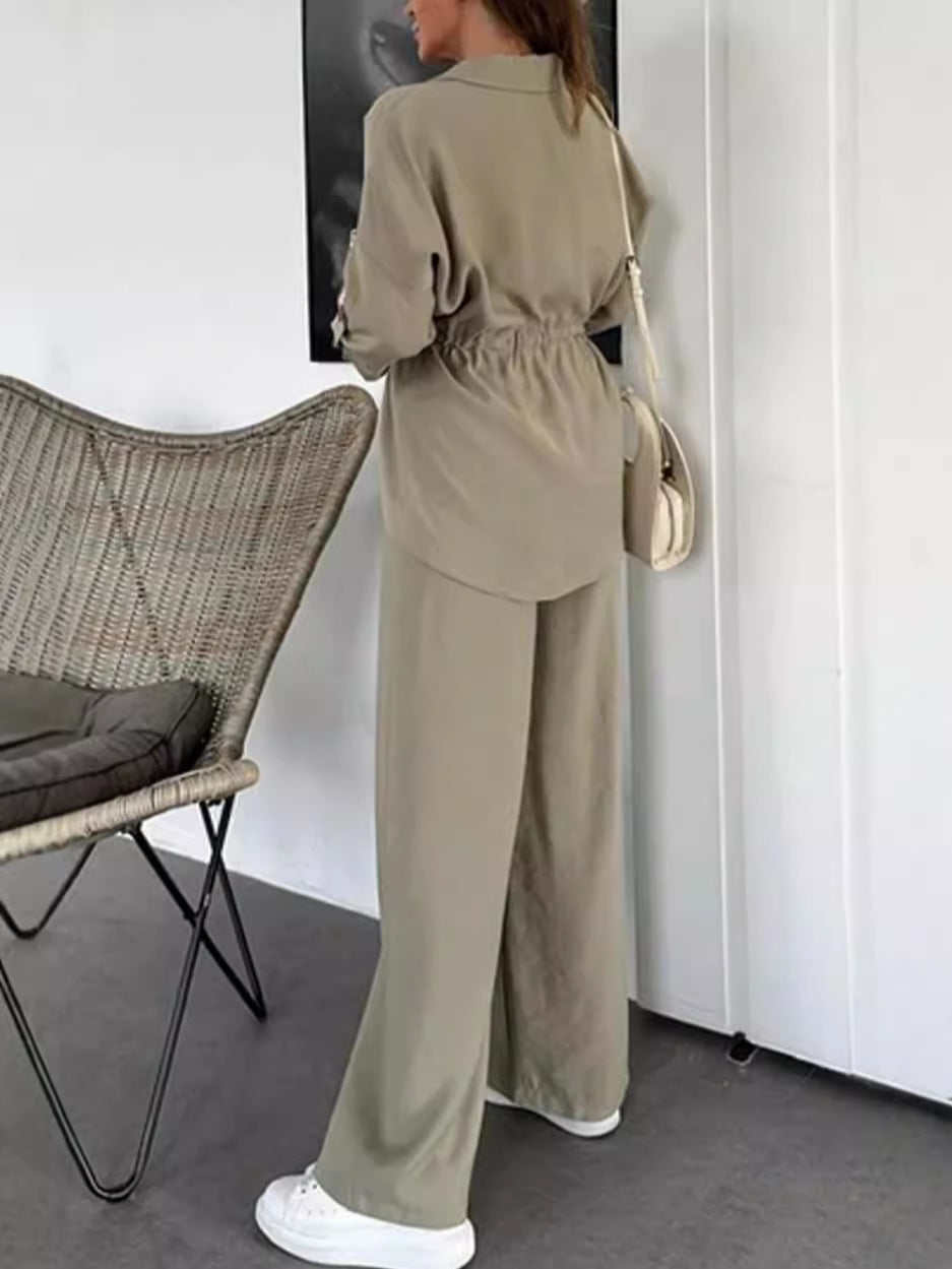 Women Autumn Casual Solid Drawstring Patch Pocket Button Top and Pant Two Piece Set 7