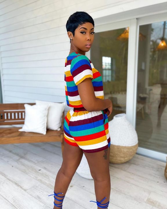 Women summer striped print Top and Shorts Casual two-piece set 4