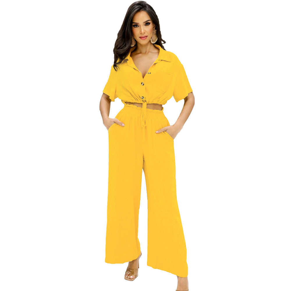 Women Short Polo Collar Crop Top and Pants Two-Piece Set 5