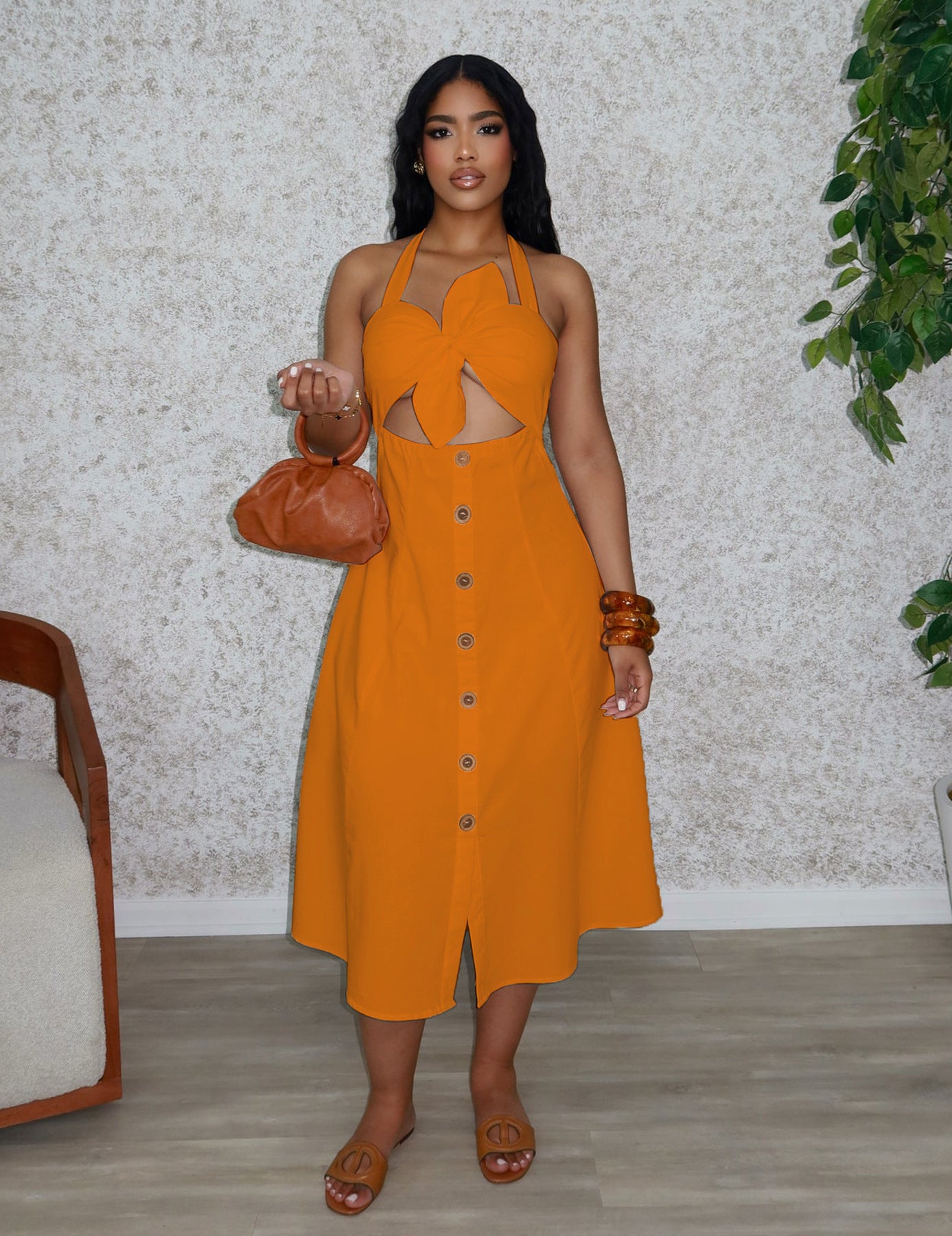 Women Elegant Career Solid Knot Halter Neck Lace-Up Dress 4