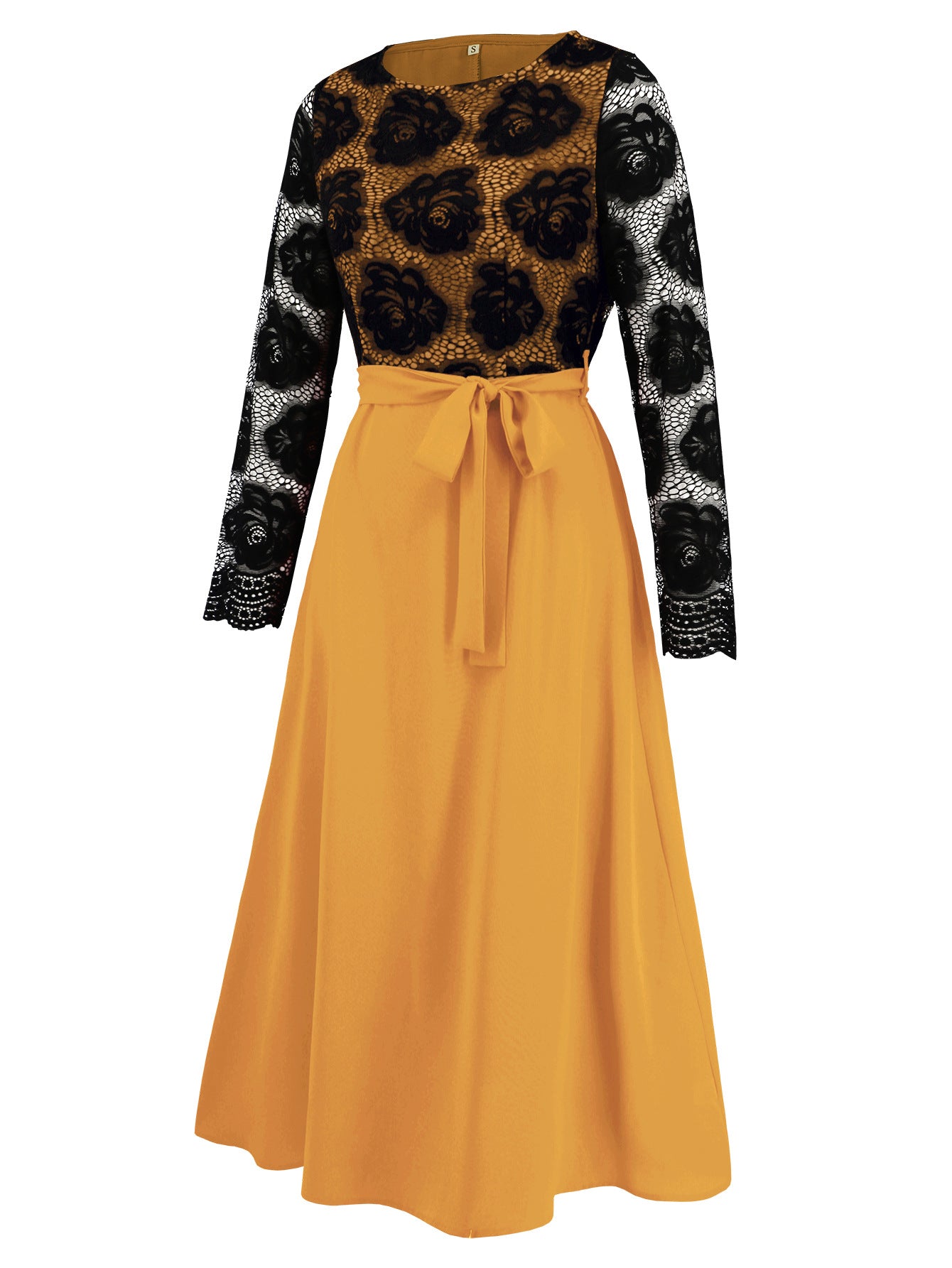 autumn women's Fashion slim Round Neck lace contrast color career dress 17