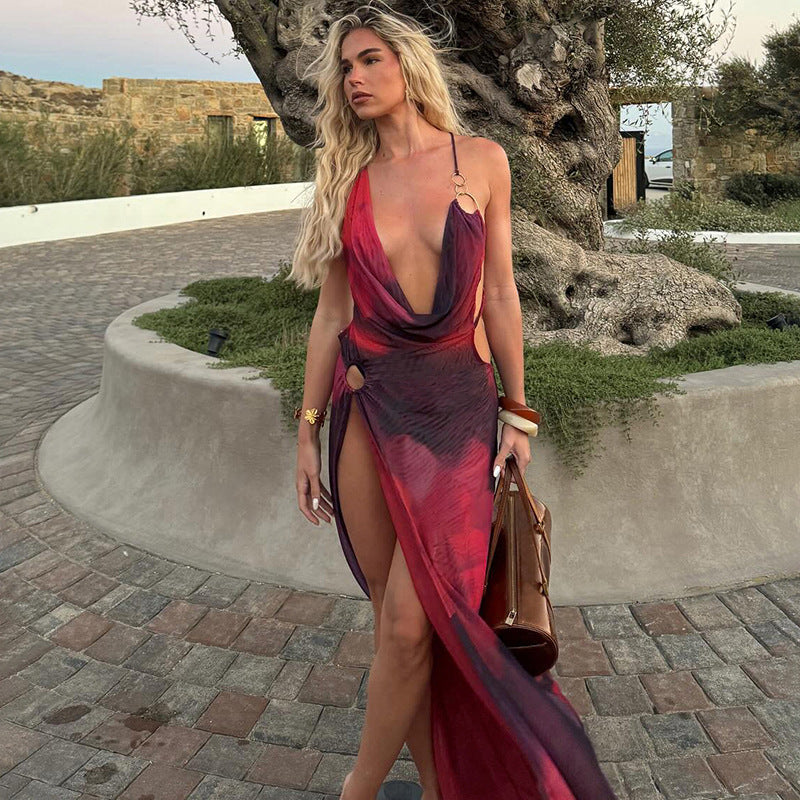 Spring Summer Women's Fashion Sexy Low Back Deep High Waist Fitted Slit Long Dress 3