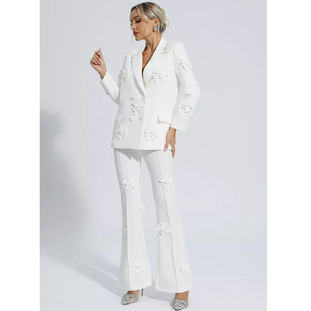 Autumn Women's Fashion Chic Career Turndown Collar Jacket + Pants Floral Set 7