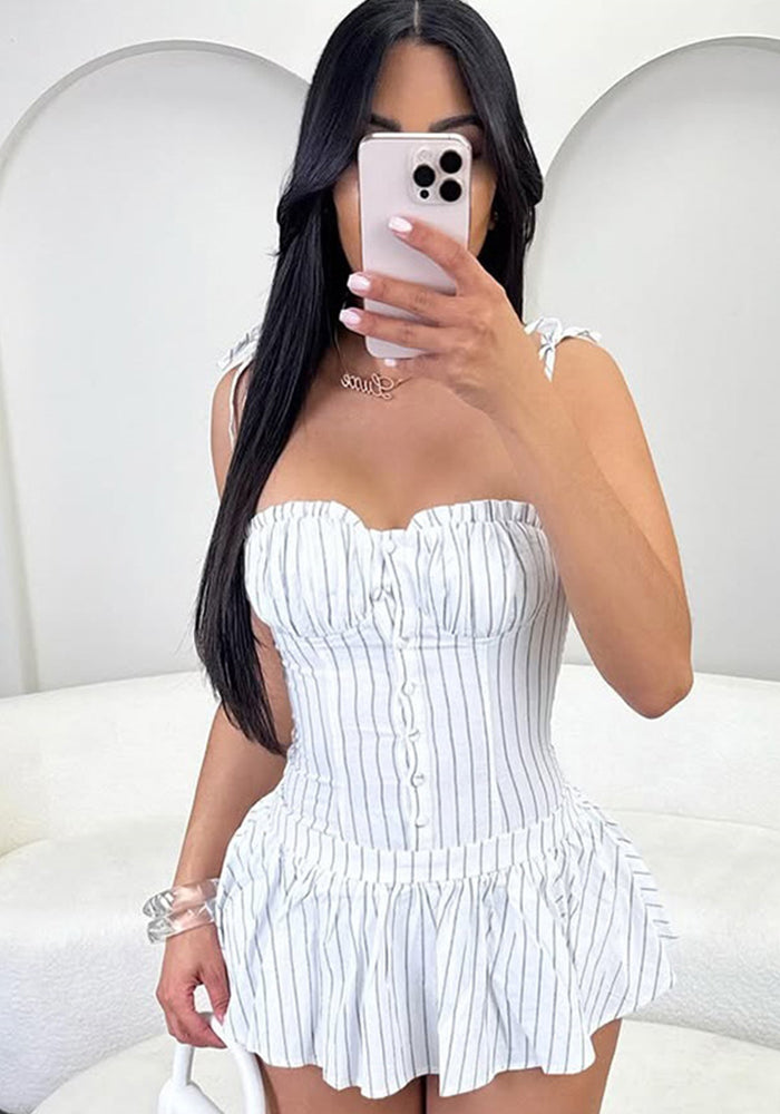 Women Striped Lace-Up Buckled suspender puffy dress