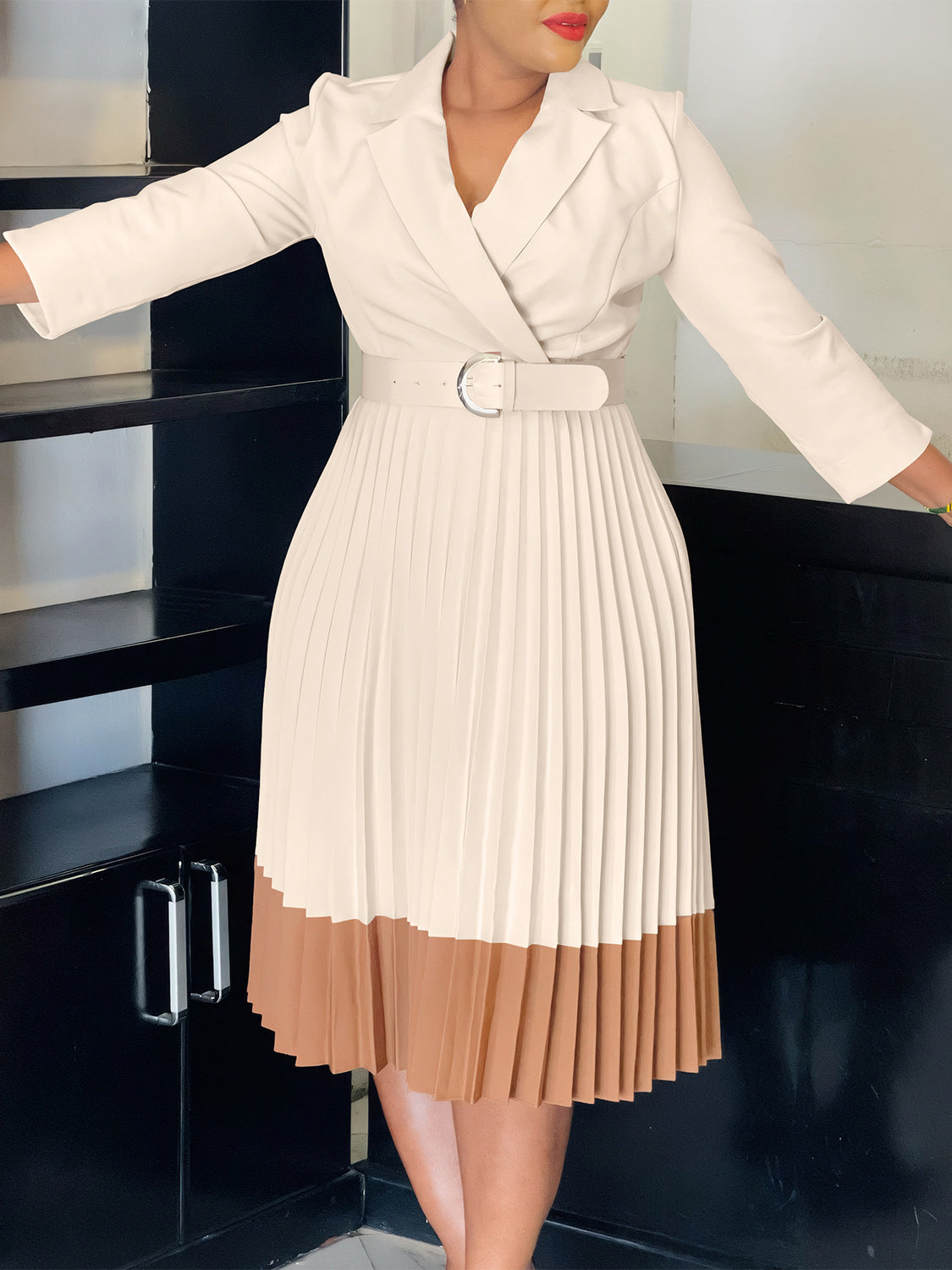 Women's Spring Turndown Collar Fashion Colorblock OL Elegant Pleated High Waist African Dress 8