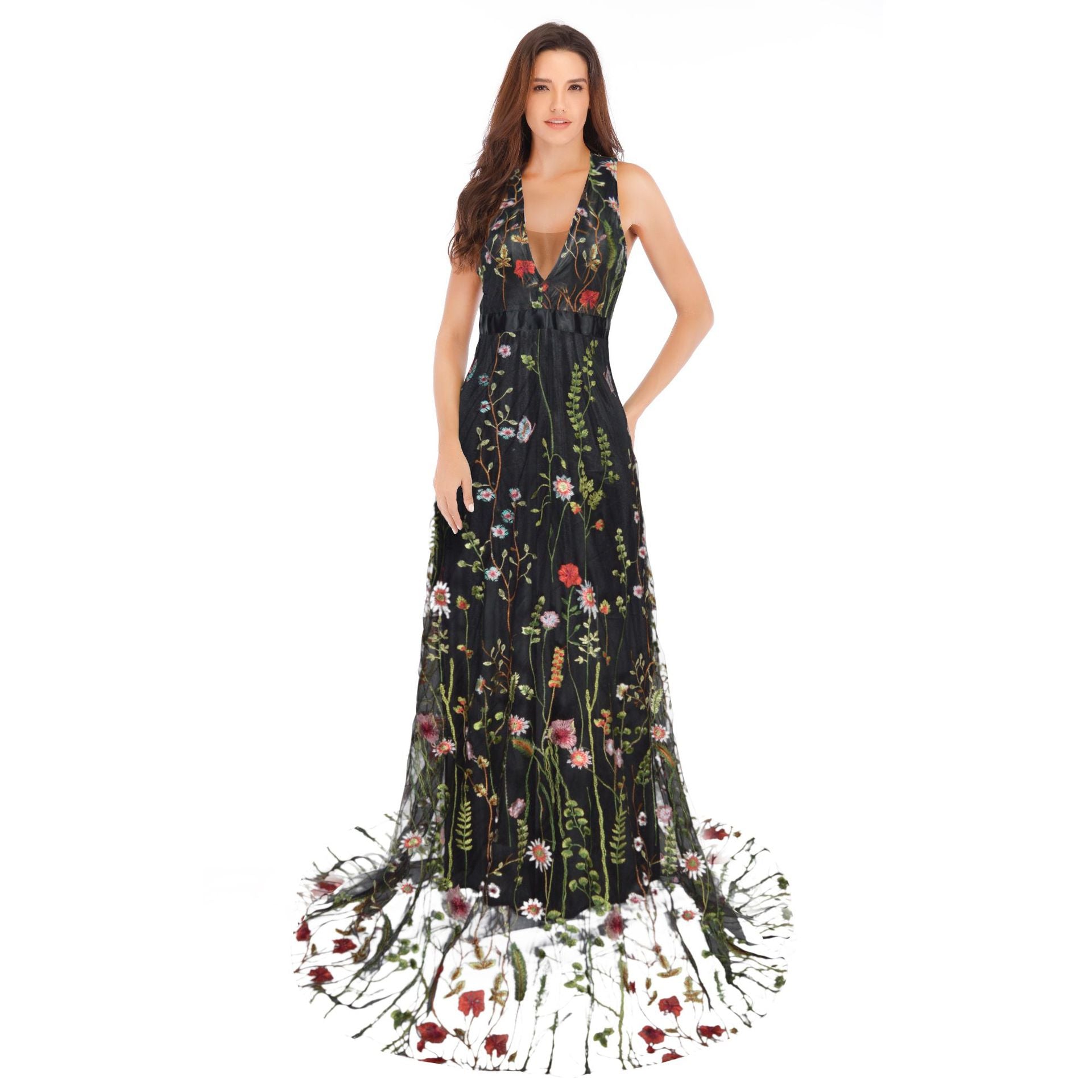 Women Sexy Deep V Sleeveless Embroidered Backless Maxi Dress 3