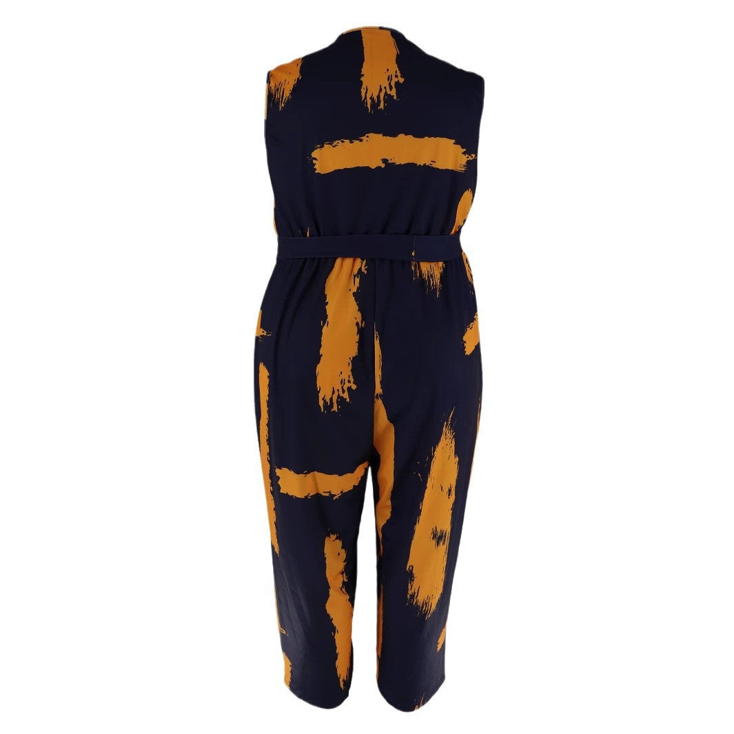 Summer Plus Size Women's Print Fashion V-Neck Sleeveless Two-Piece Trousers Set 6