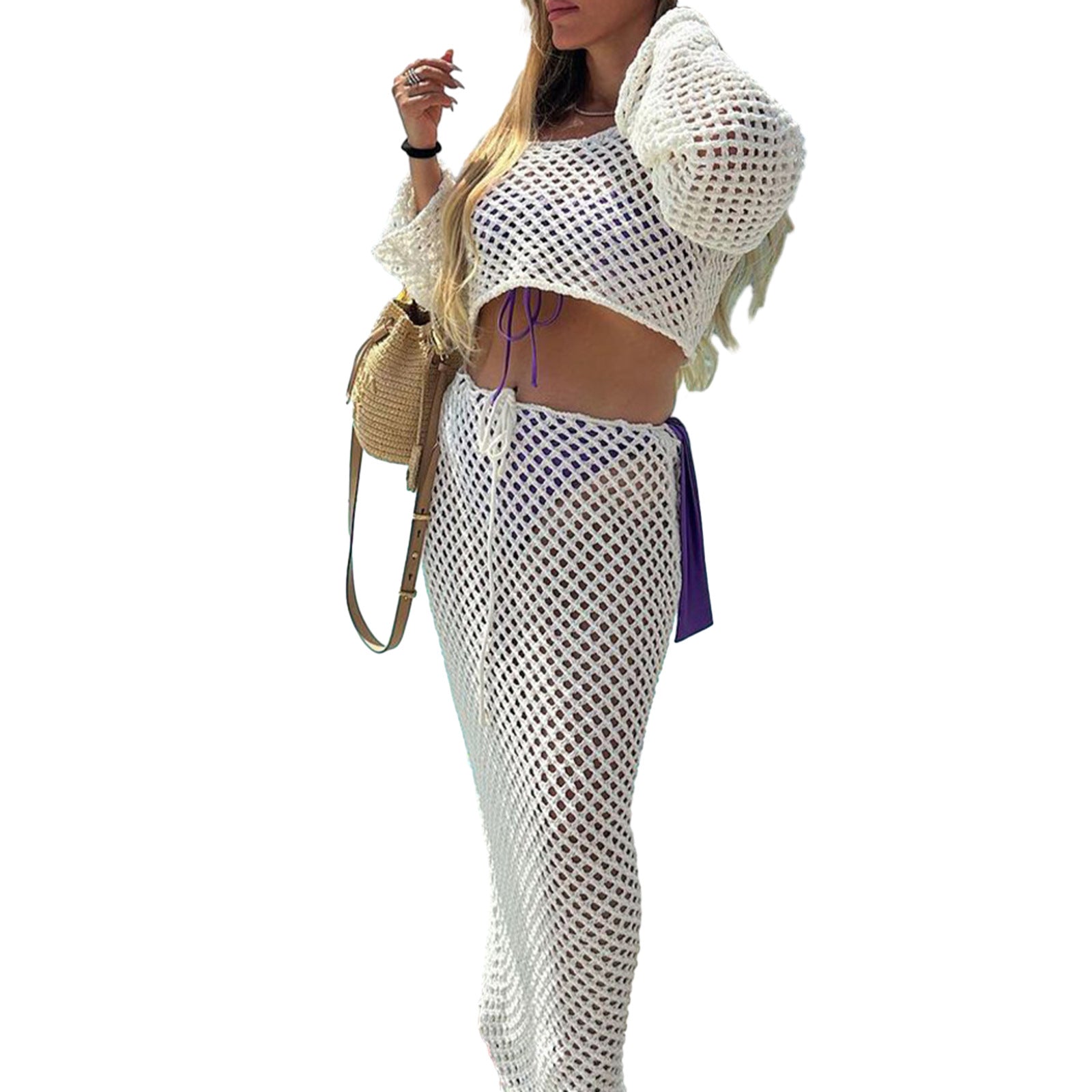 Sexy Women's Long-Sleeved Knitting Shirt High-Waisted Long Skirt Two Piece Set 10