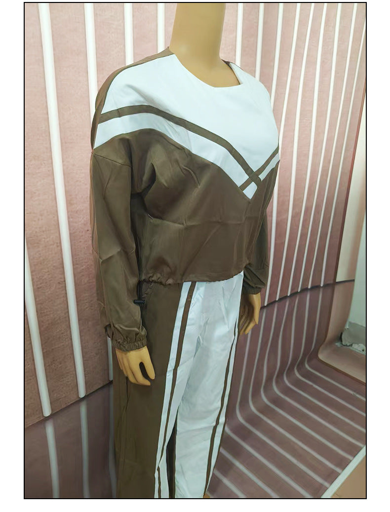 Women Contrast Color twill Casual Top and Pants Two-piece Set 5