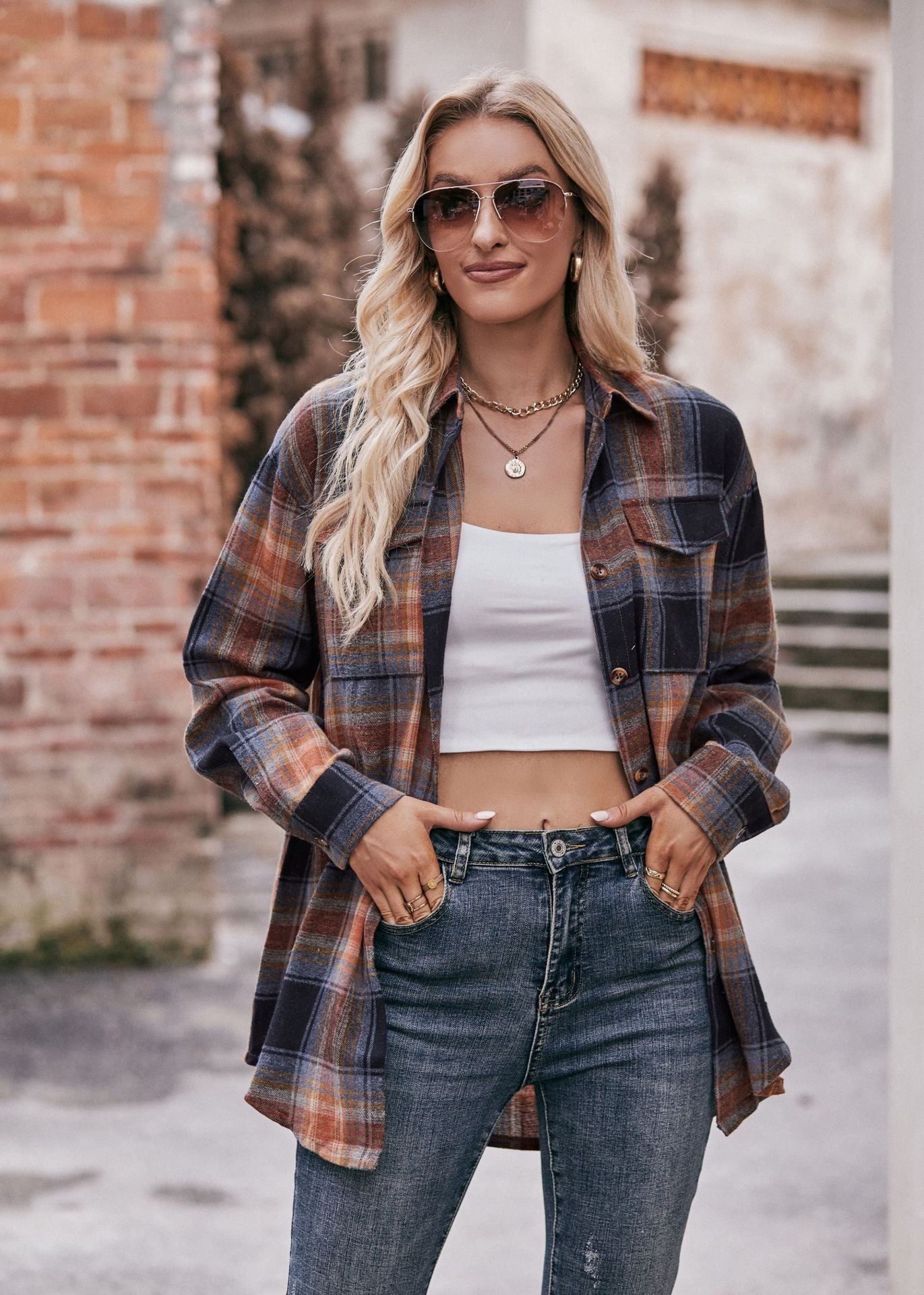 Women Casual oversize loose plaid shirt 7