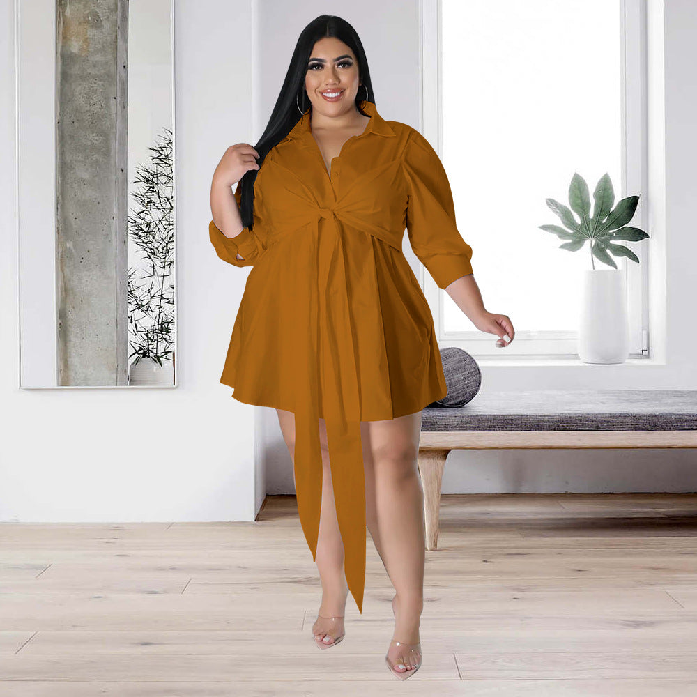 Plus Size Women Sexy Solid Tie Long Sleeve Shirt Dress 7