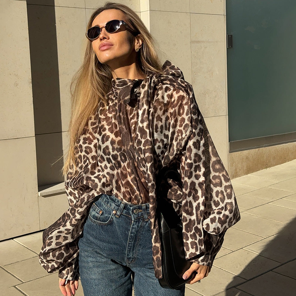 Women Spring Sexy Leopard Print Lace-up Long-sleeved Print Shirt 6