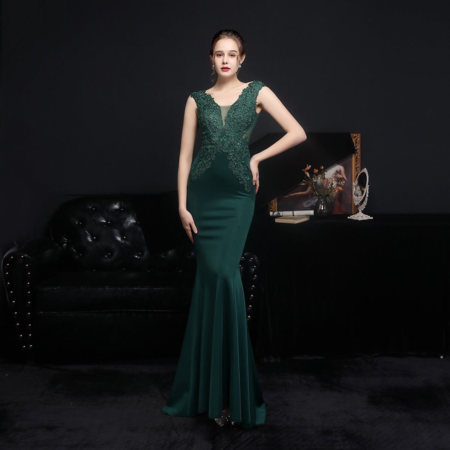 Summer Lace Upper Sleeveless V-Neck Mermaid Evening Dress 9