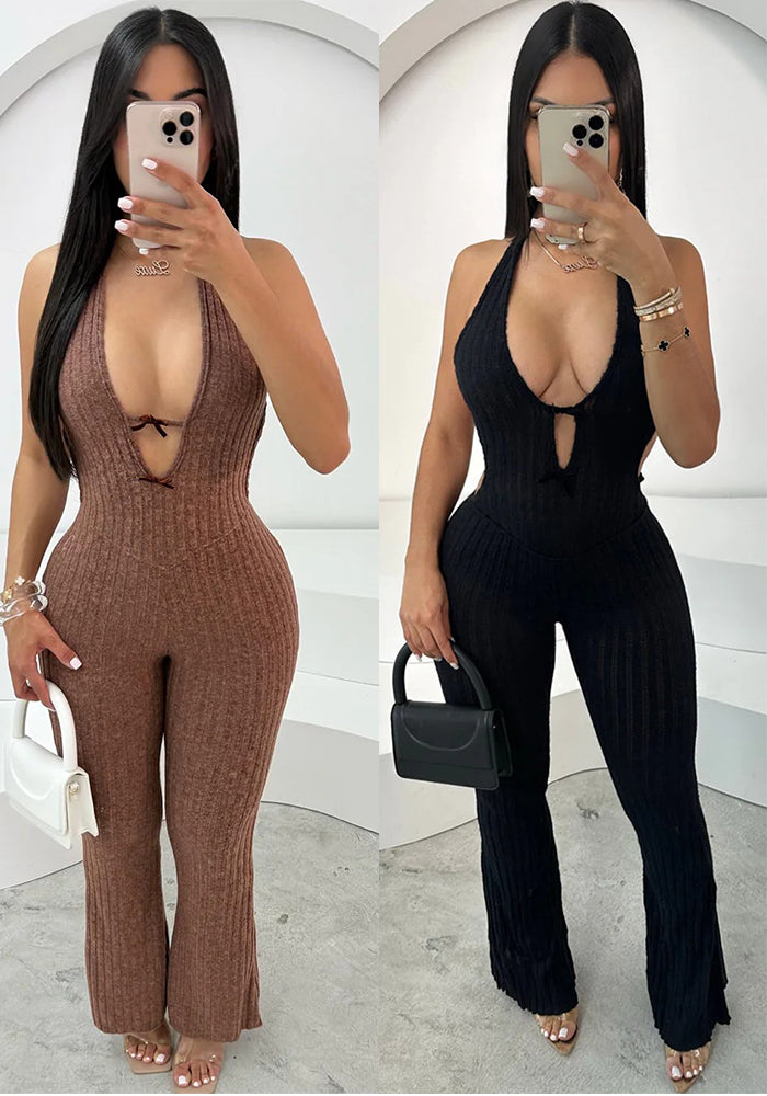 Women's Halter Neck Low Back Flare Jumpsuit