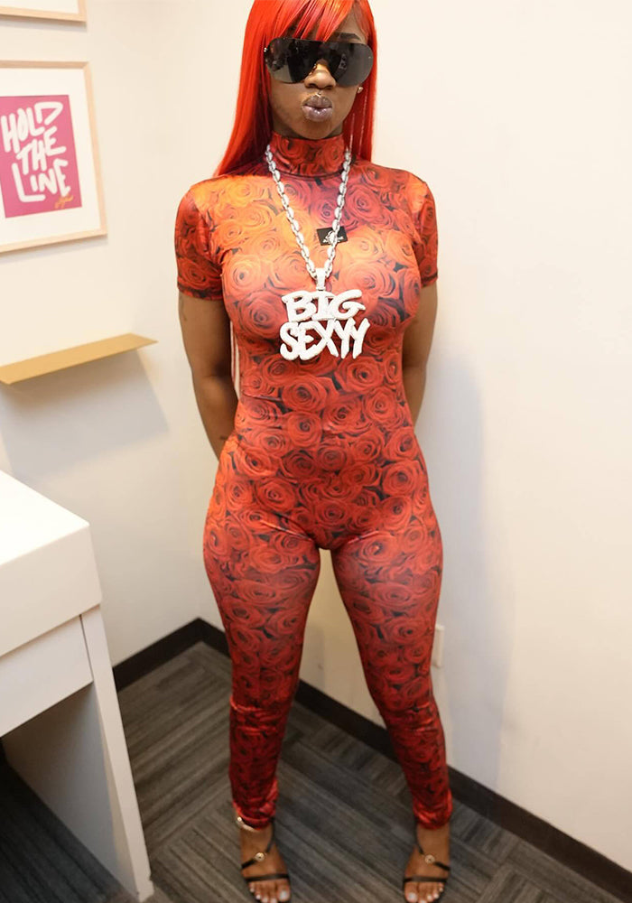 Rose Printed short sleeve Low Back sexy fashion Jumpsuit