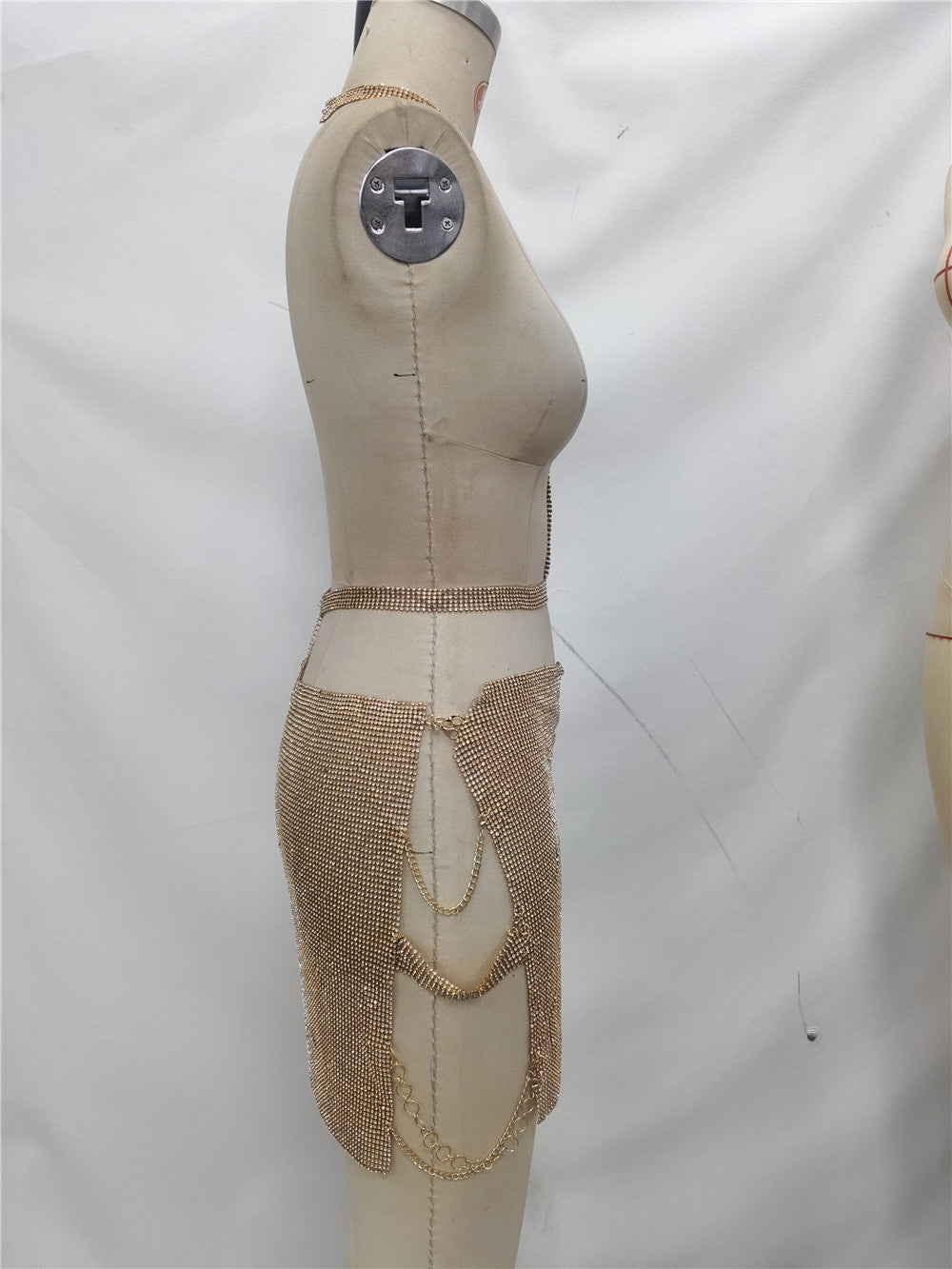 Metal Rhinestone Sexy Sequins Low Back Chain Halter Neck Women's Skirt Set 5