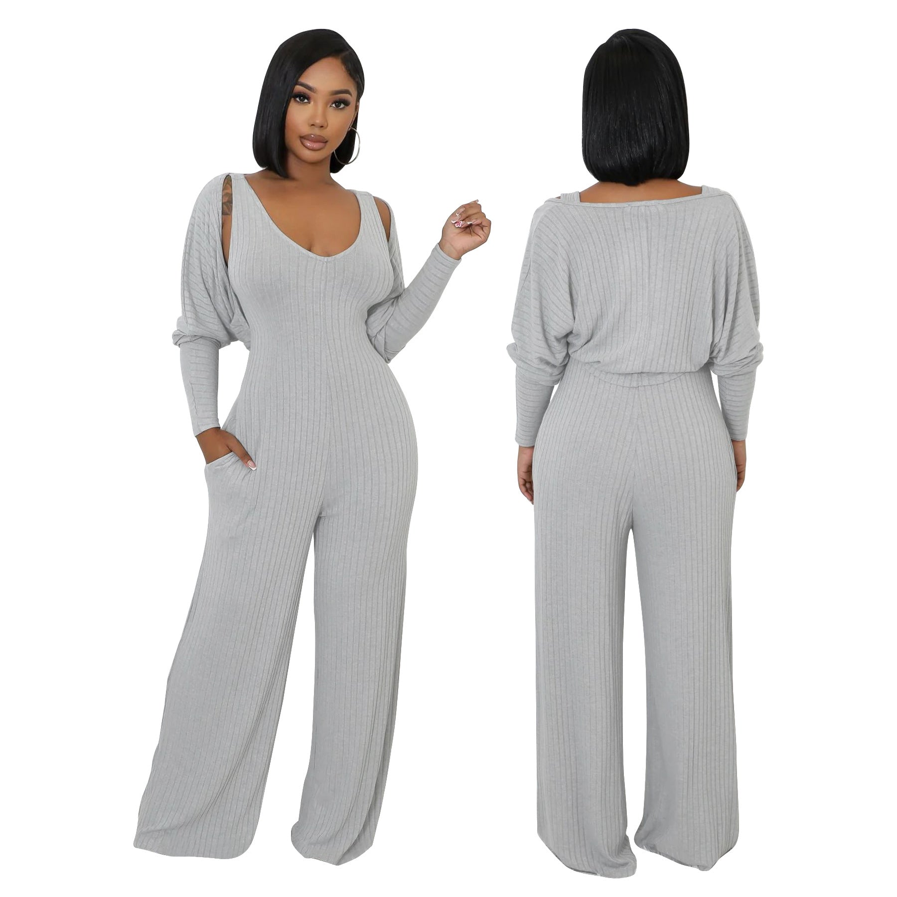 Women’s Fashion Ribbed High-Stretch Cape Top Sleeveless Jumpsuit Set