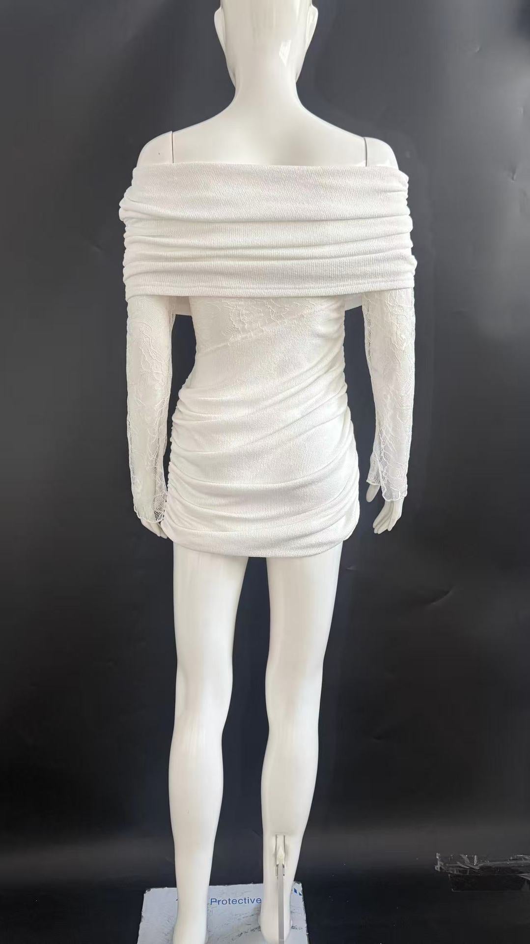 Women's Chic Lace Patchwork Off-Shoulder Knit Short Dress 4