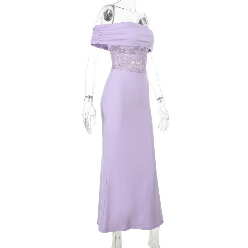 Women Strapless Off Shoulder Lace Patchwork Dress 8