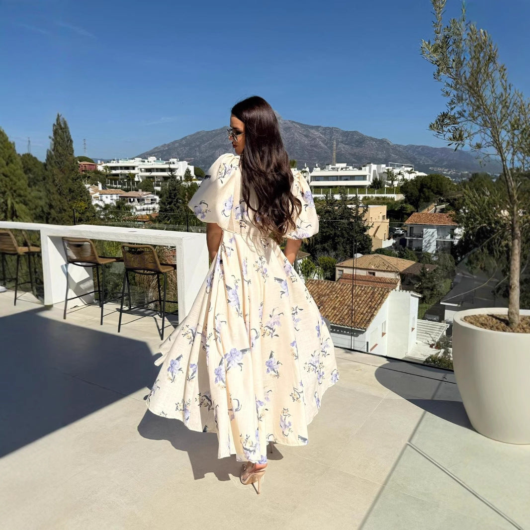 Women's Short-Sleeve Floral Print Belt Casual A-line Dress 4