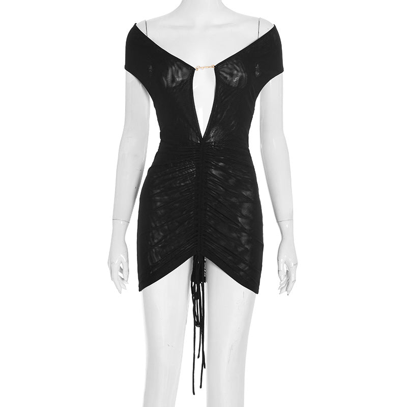 Women's Autumn Solid Color Sexy Off-Shoulder Short Sleeve Low Back Lace-Up Pleated Short Dress 9