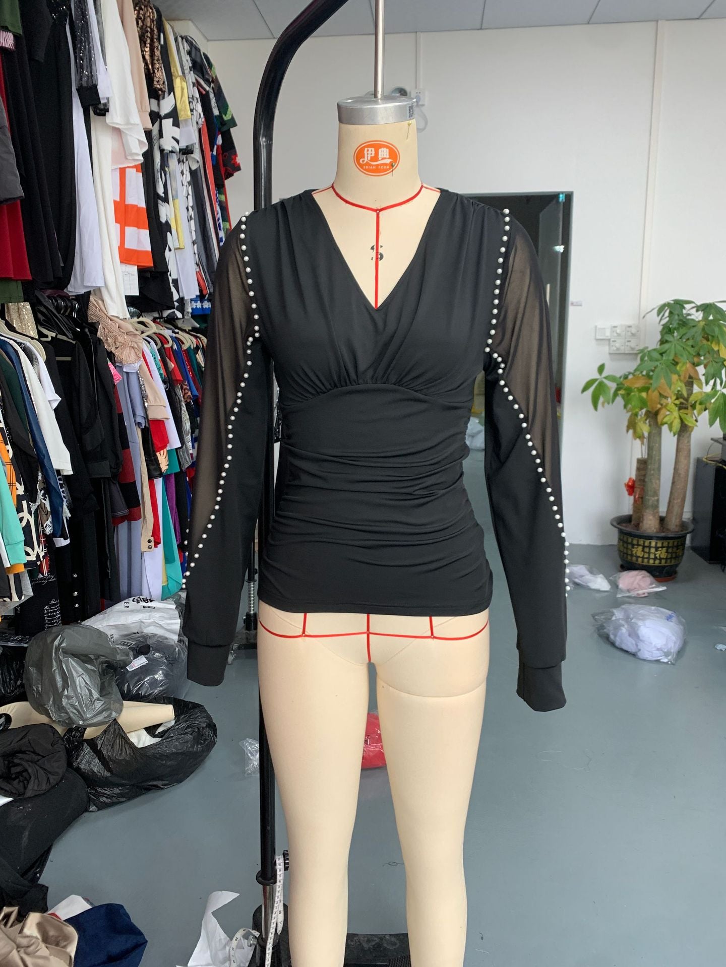 Women v-neck long sleeve Top Solid shirt 5