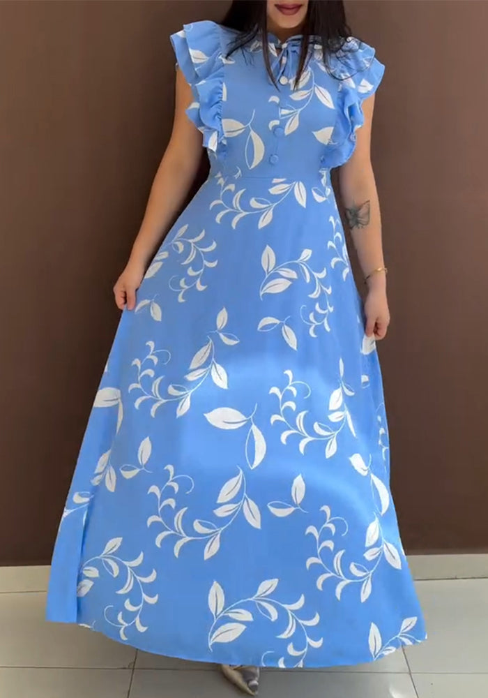 Women Blue Floral Floral Lace-Up Maxi Dress with Ruffled Shoulder Neck