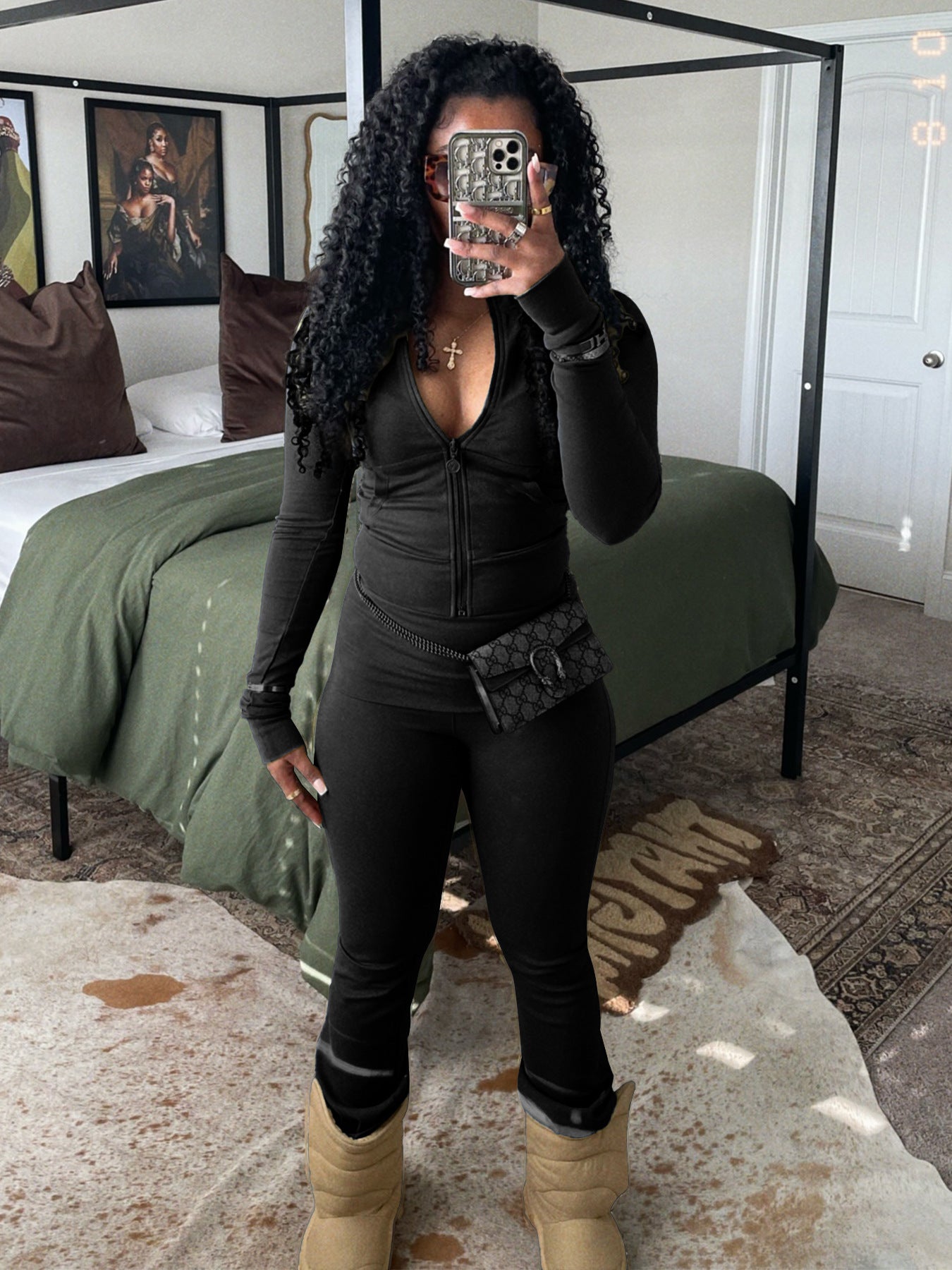 Women Sports Casual Zipper Top and Bell Bottom Pants Two-piece Set 4